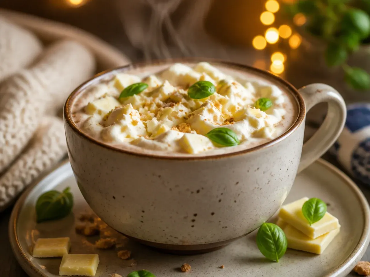 Creamy white hot chocolate topped with white chocolate curls