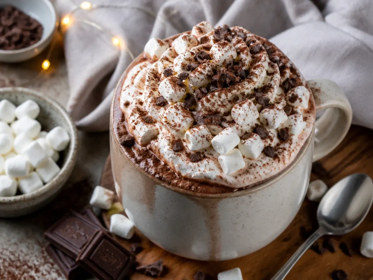 Hot chocolate loaded with marshmallows and whipped cream