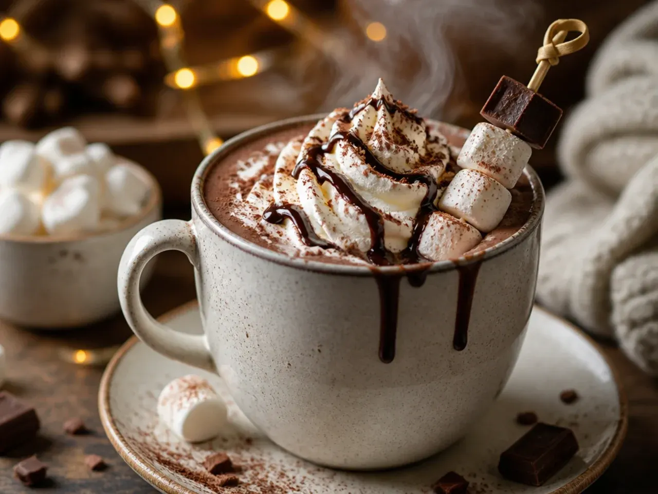 Thick dark chocolate ganache hot chocolate in a glass mug