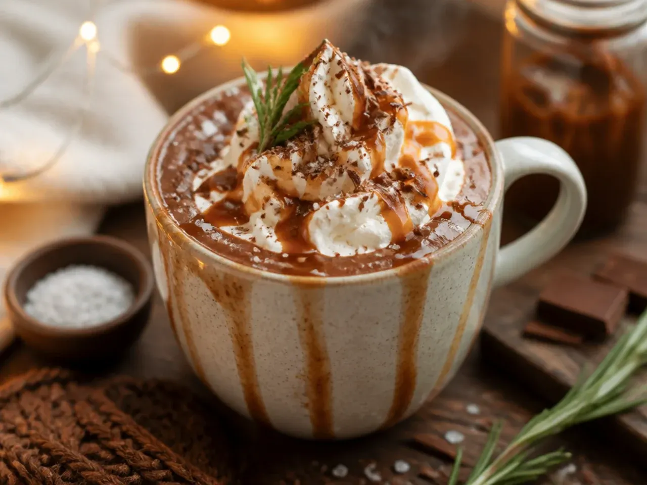Salted caramel hot chocolate with caramel drizzle inside the mug