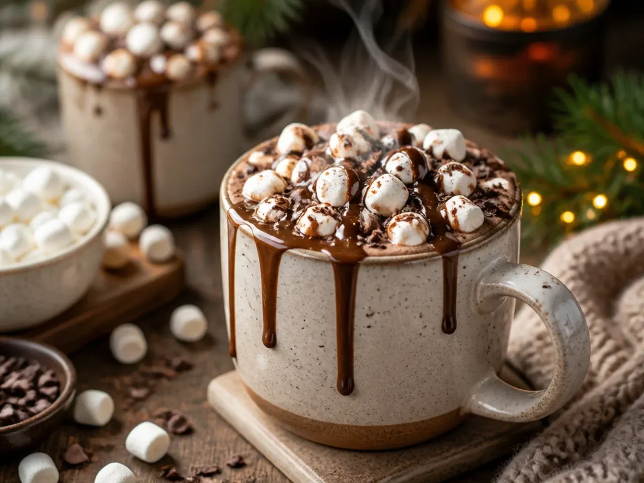 Slow cooker filled with hot chocolate next to a toppings bar