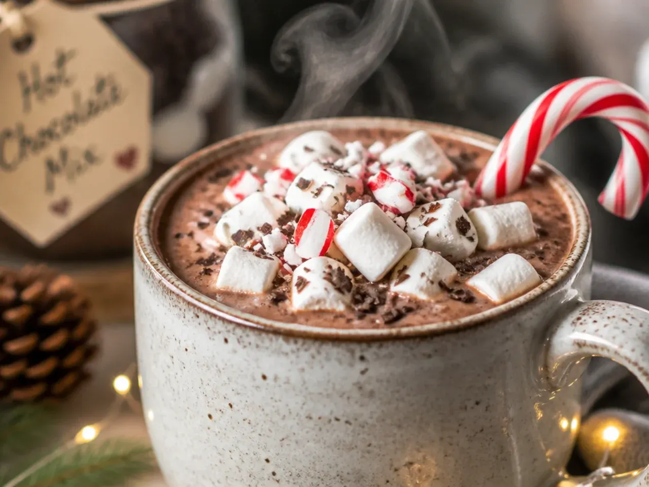 Jar of homemade hot chocolate mix with a scoop