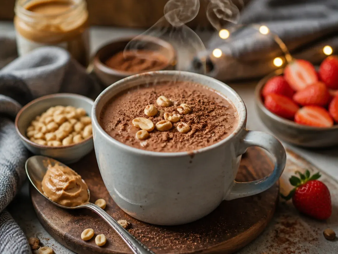 Peanut butter hot chocolate topped with chocolate chips