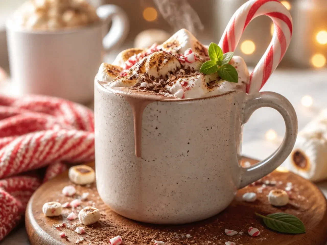 Peppermint hot chocolate with a candy cane rimmed mug