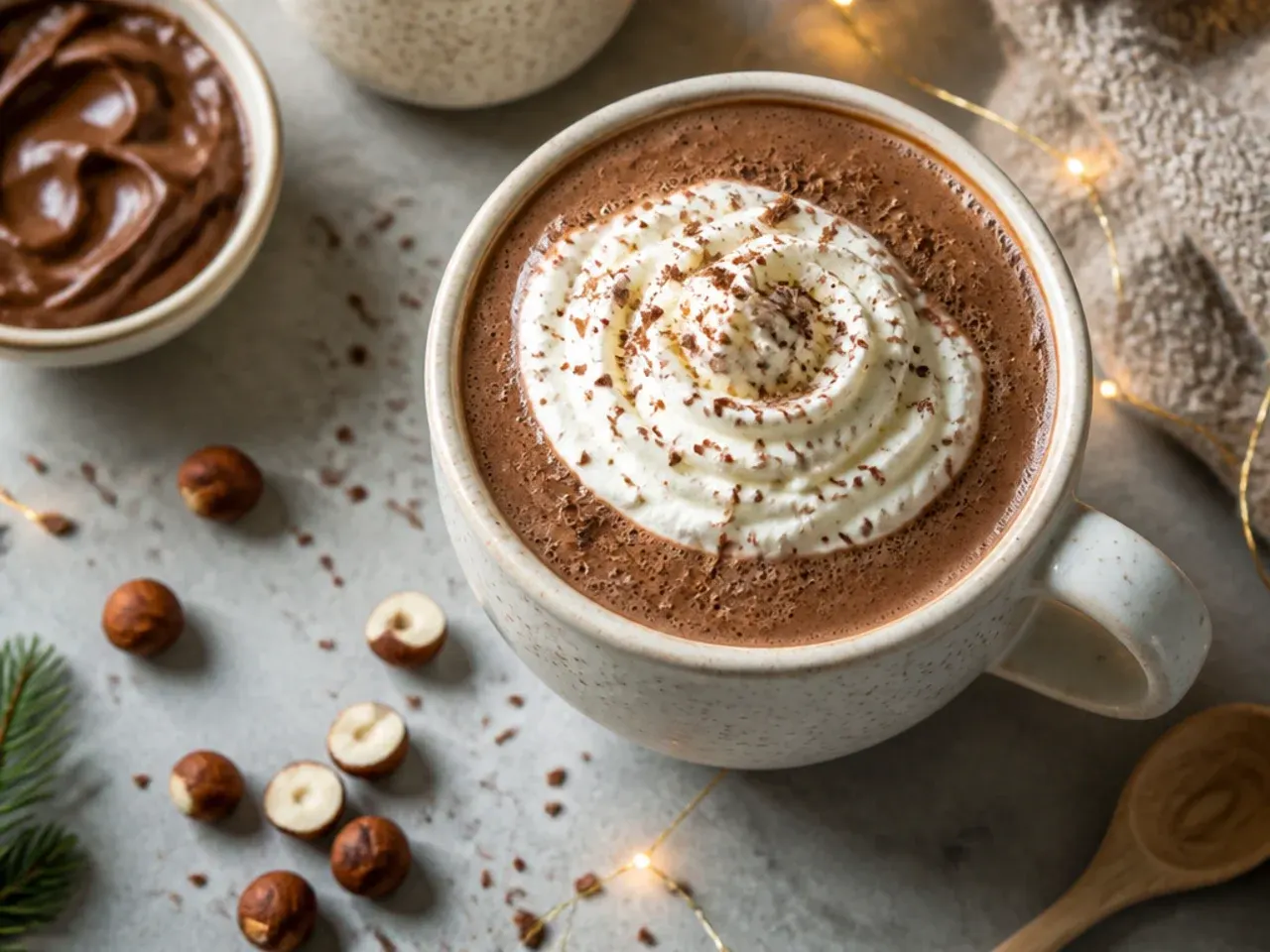 Nutella hot chocolate topped with chopped hazelnuts