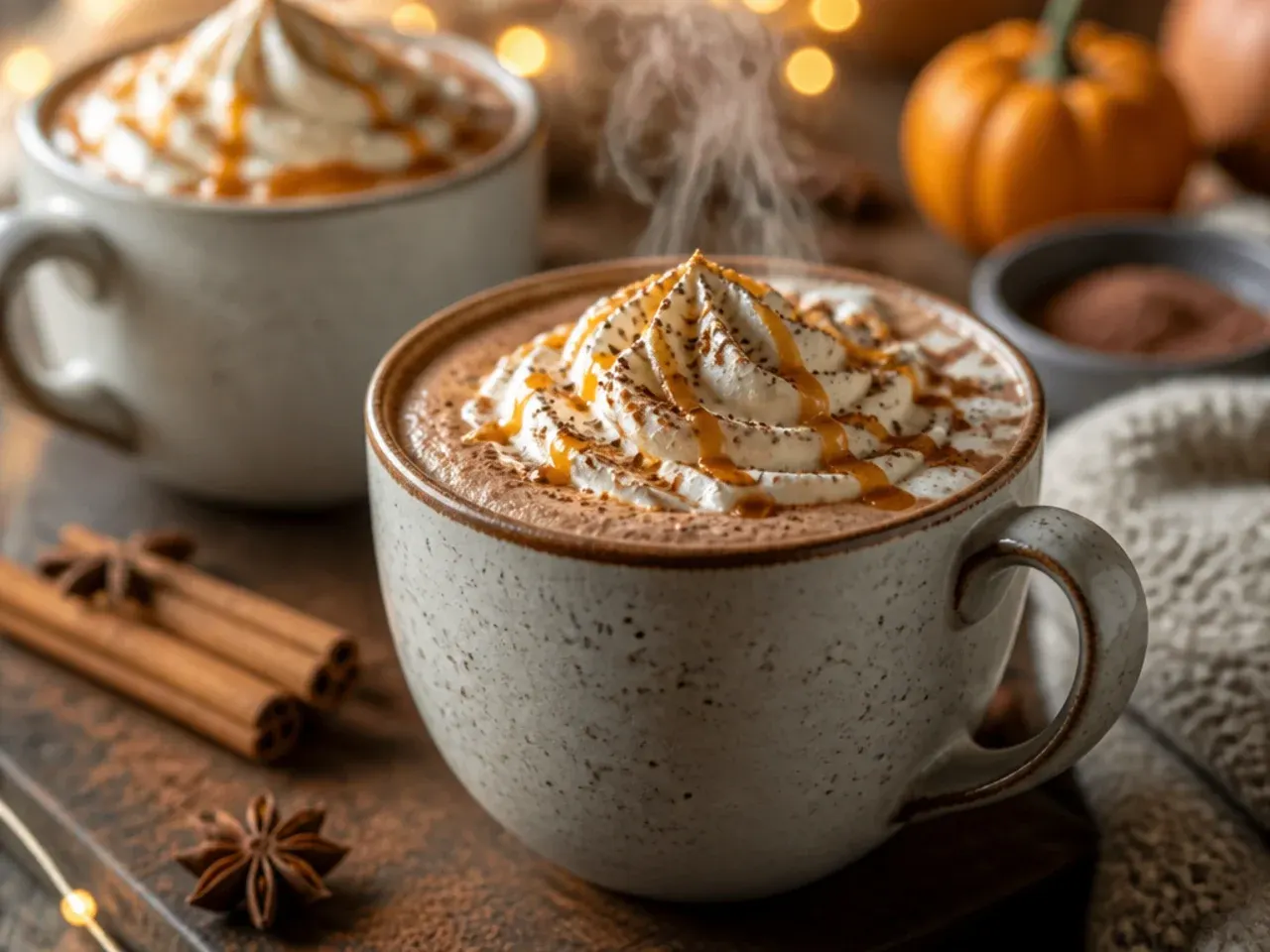 Pumpkin spice hot chocolate with a cinnamon stick