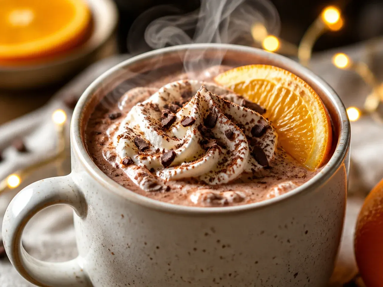 Orange chocolate hot chocolate garnished with orange peel