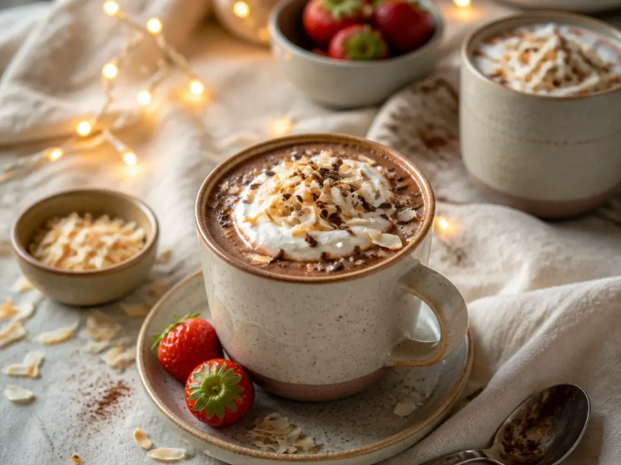 Coconut hot chocolate topped with toasted coconut flakes