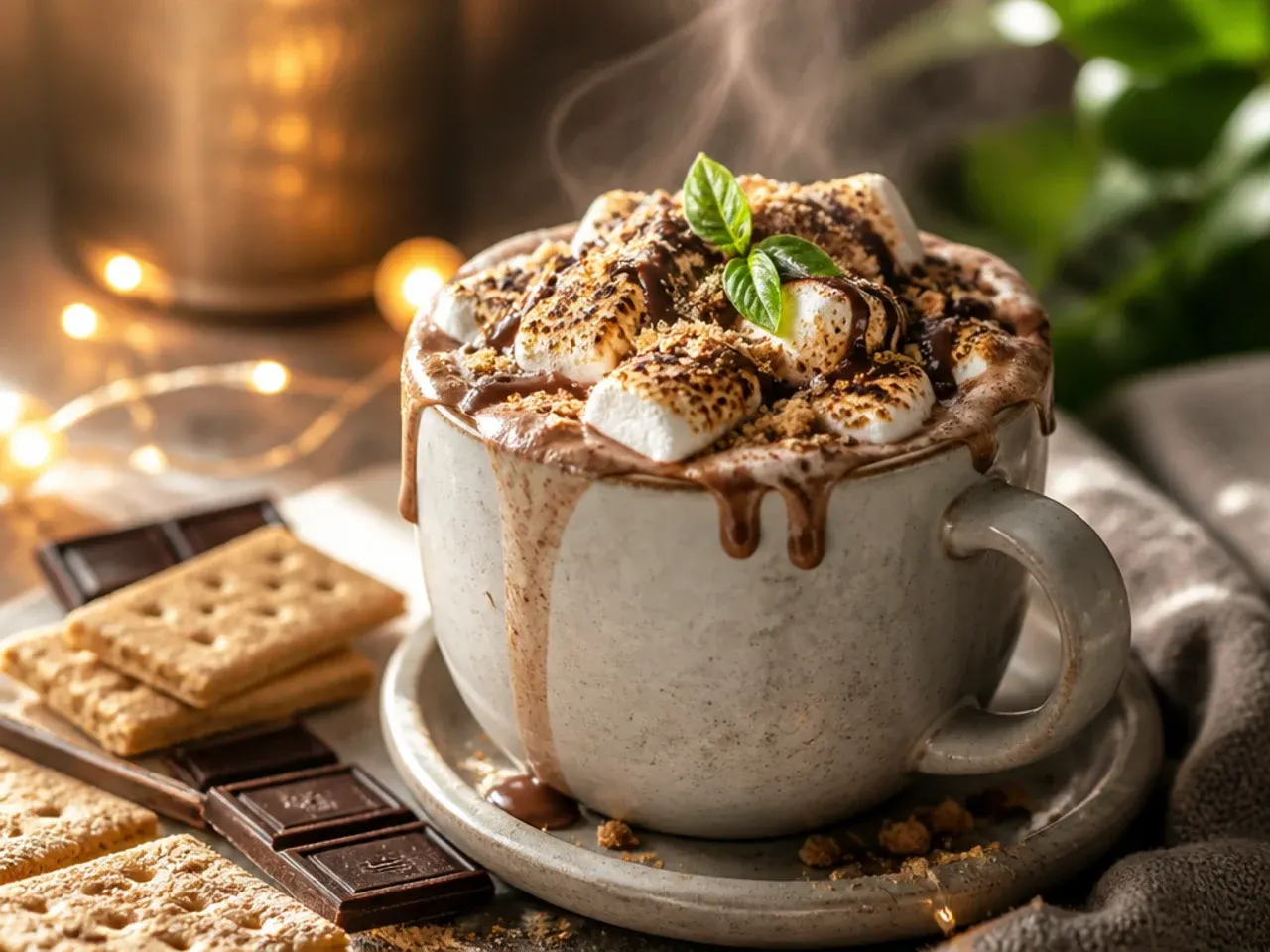 S'mores hot chocolate with toasted marshmallow topping