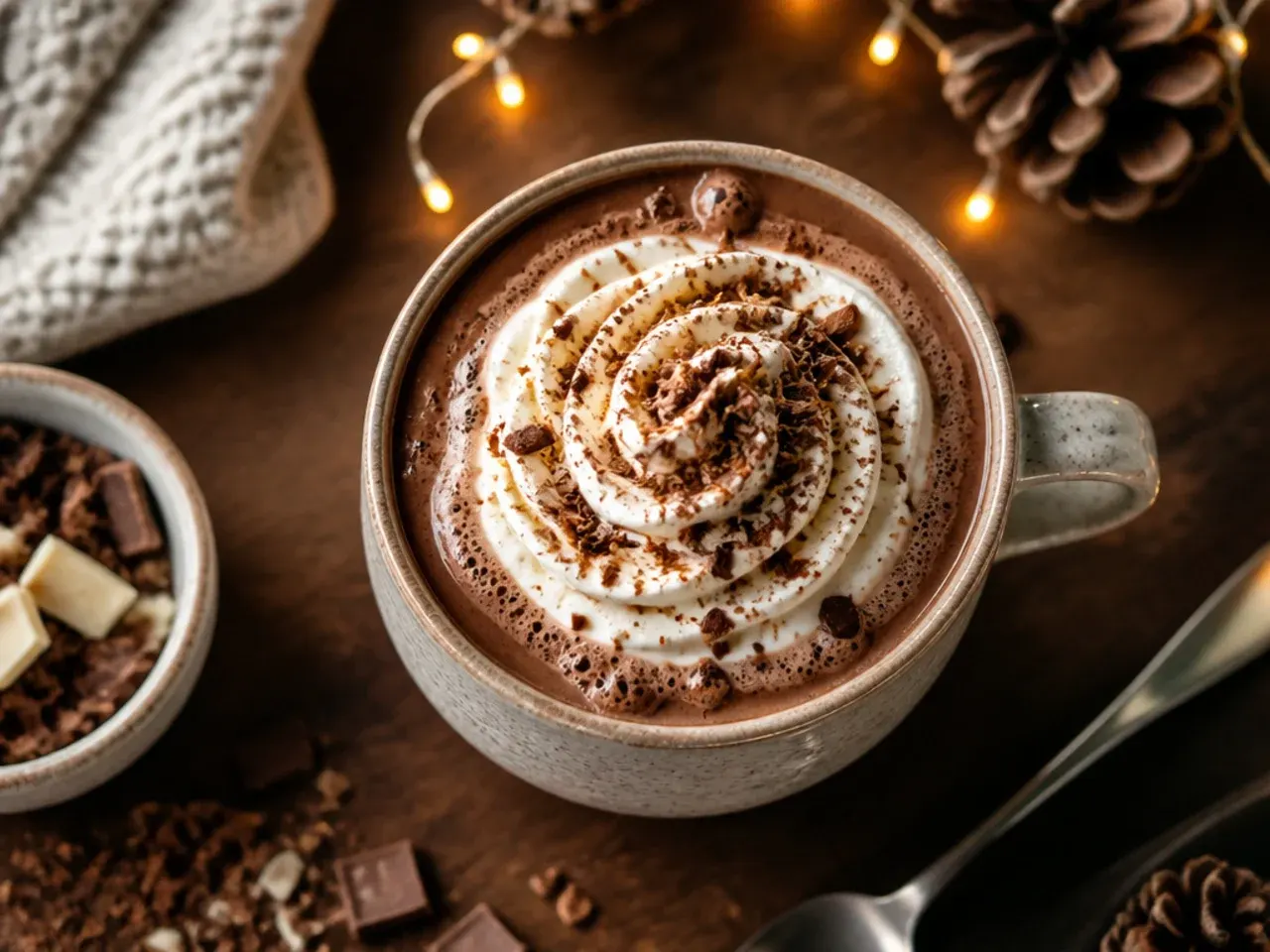 Triple chocolate hot chocolate with dark chocolate shavings