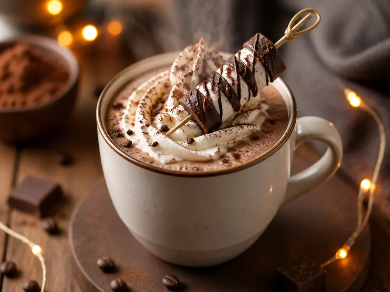 Mocha hot chocolate topped with cocoa powder dusting
