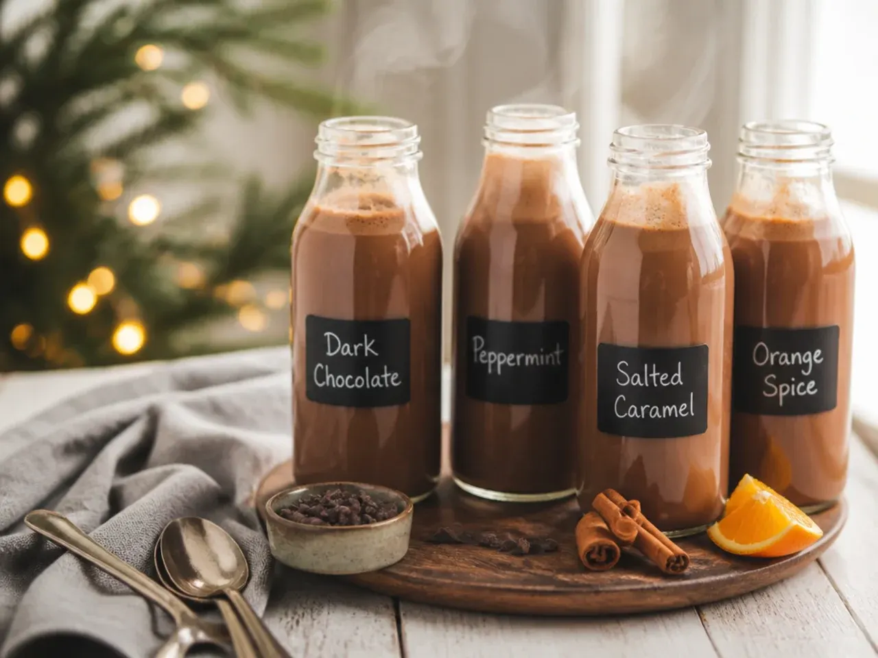 Jars of make-ahead hot chocolate mix lined up on a shelf