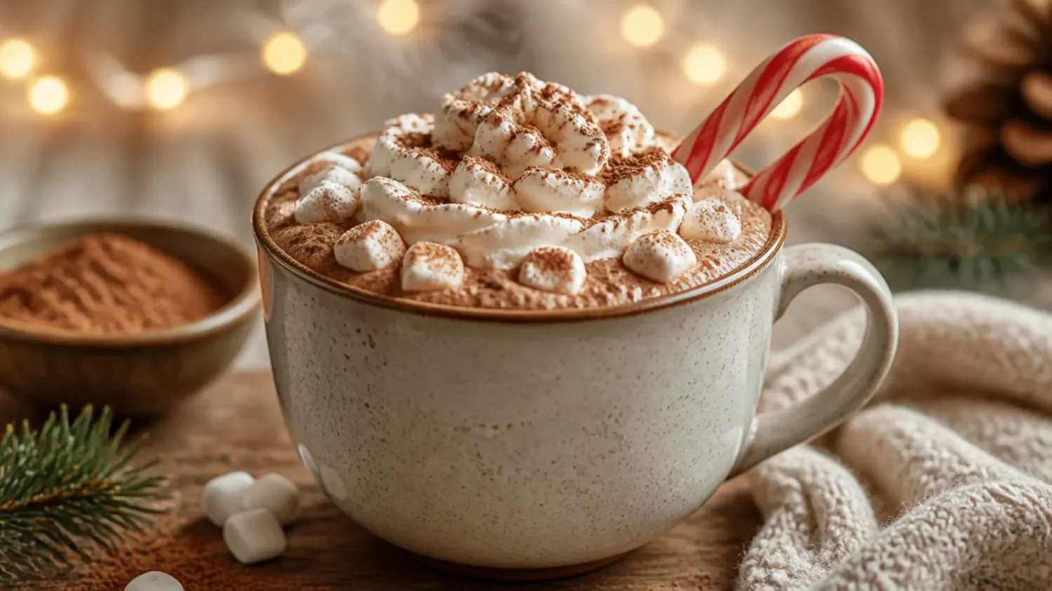 Steaming mug of rich hot chocolate made from cocoa powder, topped with whipped cream and marshmallows