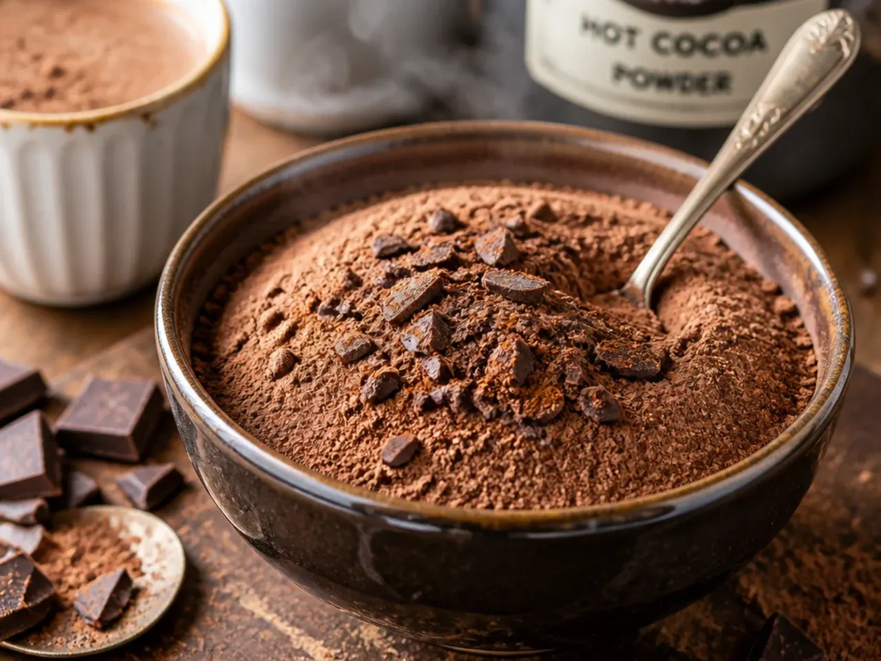 Mug of rich hot chocolate made with cocoa powder, topped with whipped cream