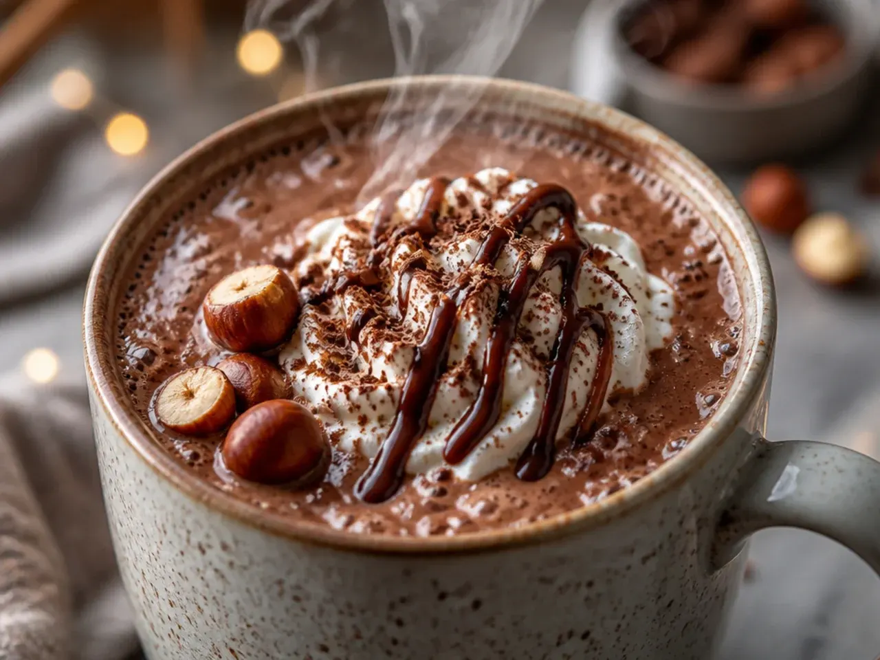 Hot chocolate swirled with melted hazelnut spread