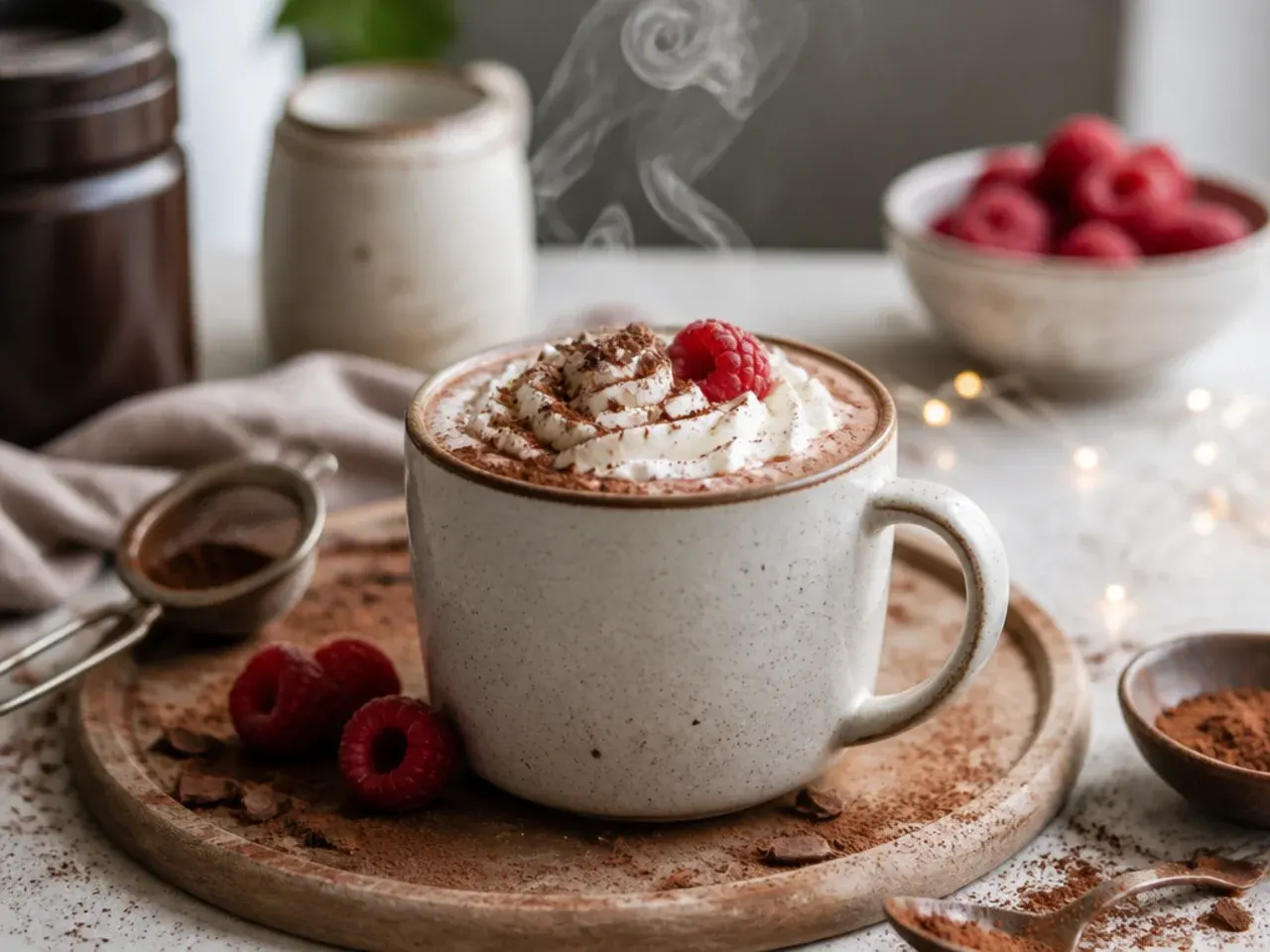 Simple hot chocolate ingredients laid out: milk, cocoa and sugar