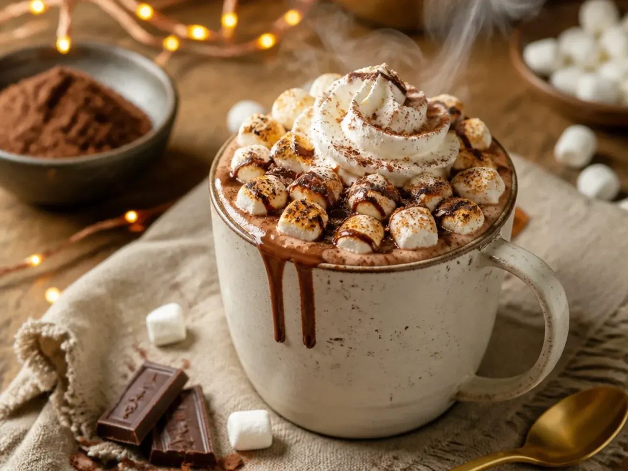 Loaded hot chocolate topped with toasted marshmallows and cream