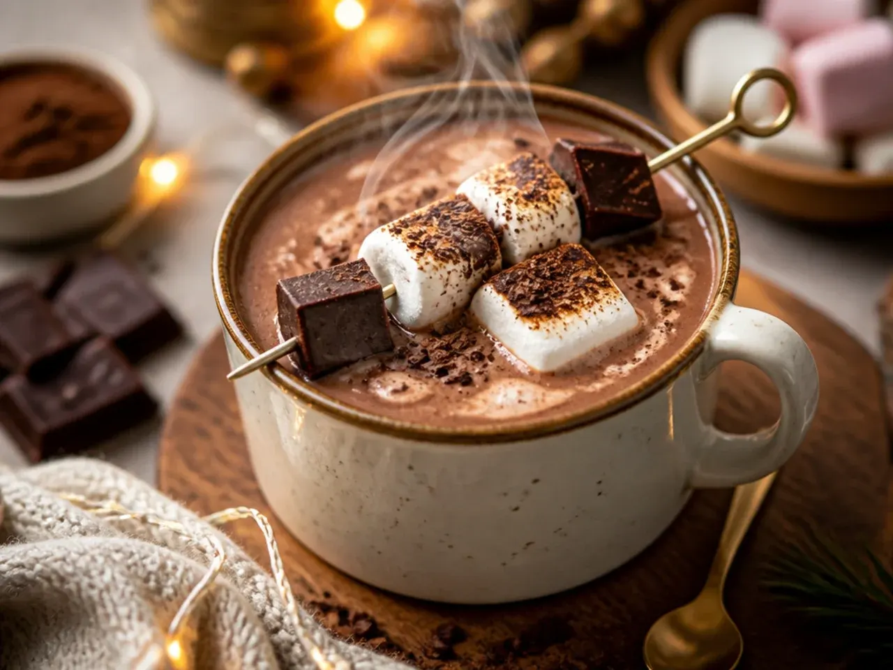 Chopped dark chocolate melting into hot milk