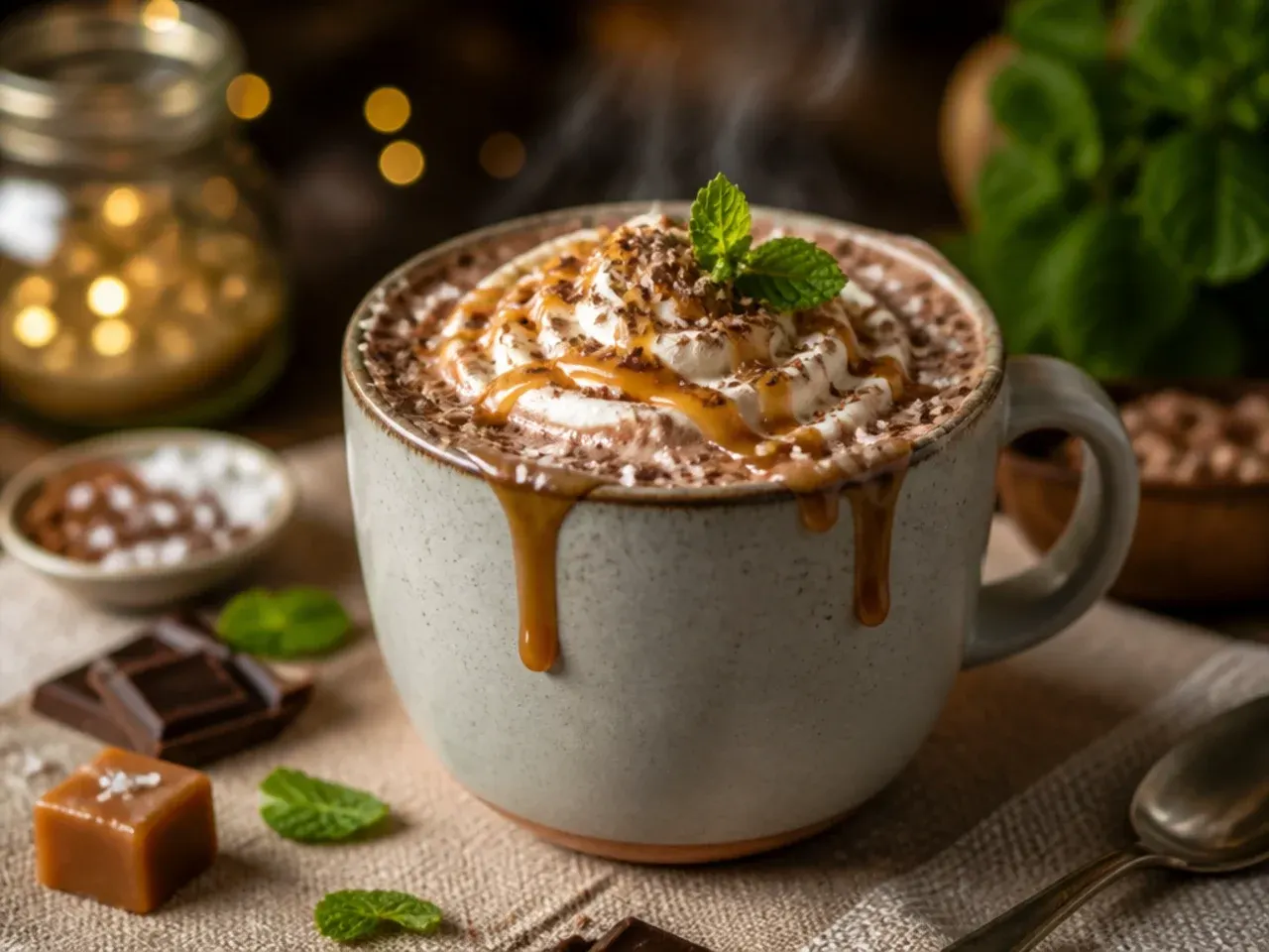 Salted caramel sauce swirled through hot chocolate