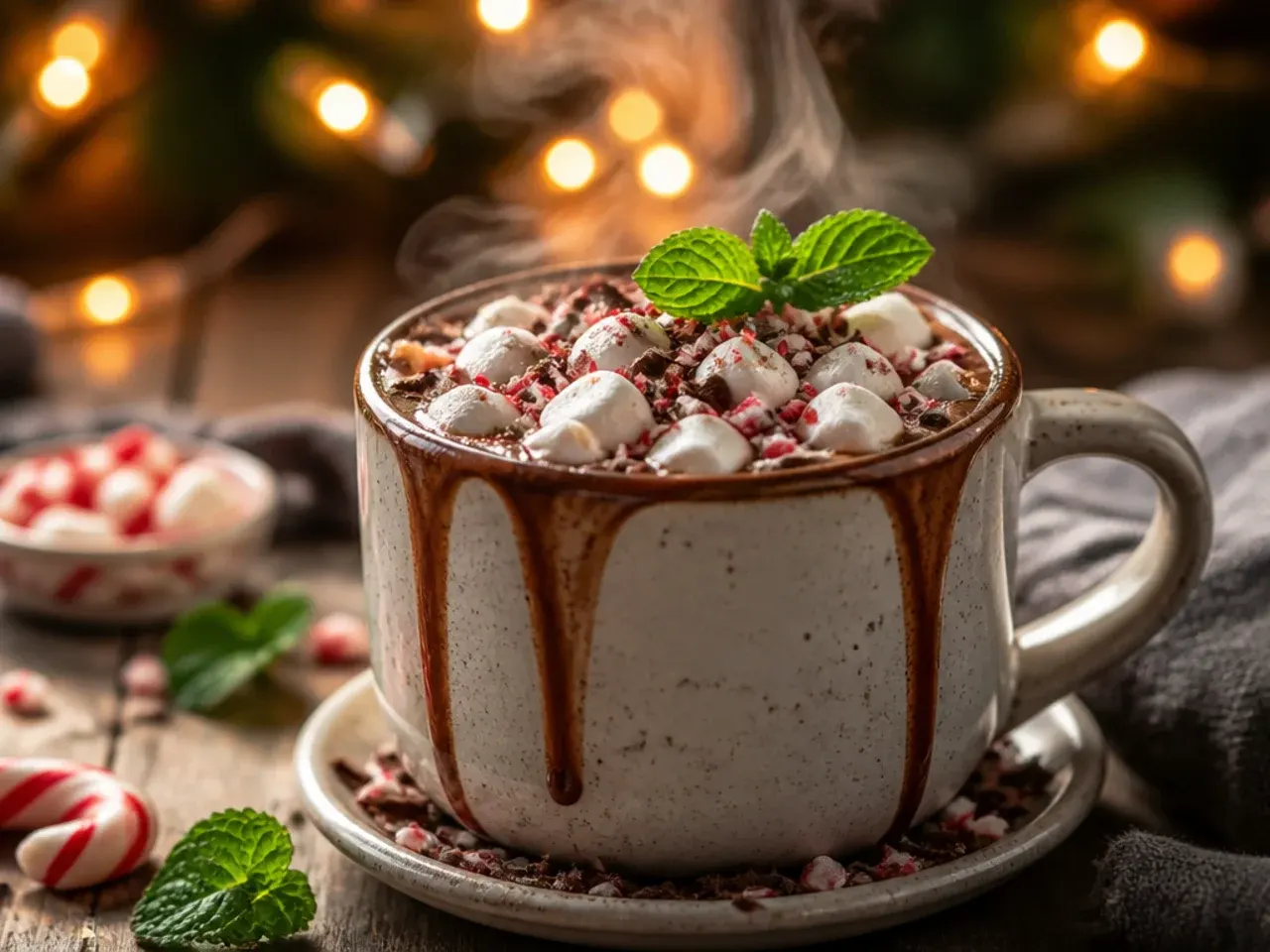 Peppermint hot chocolate with crushed candy cane rim