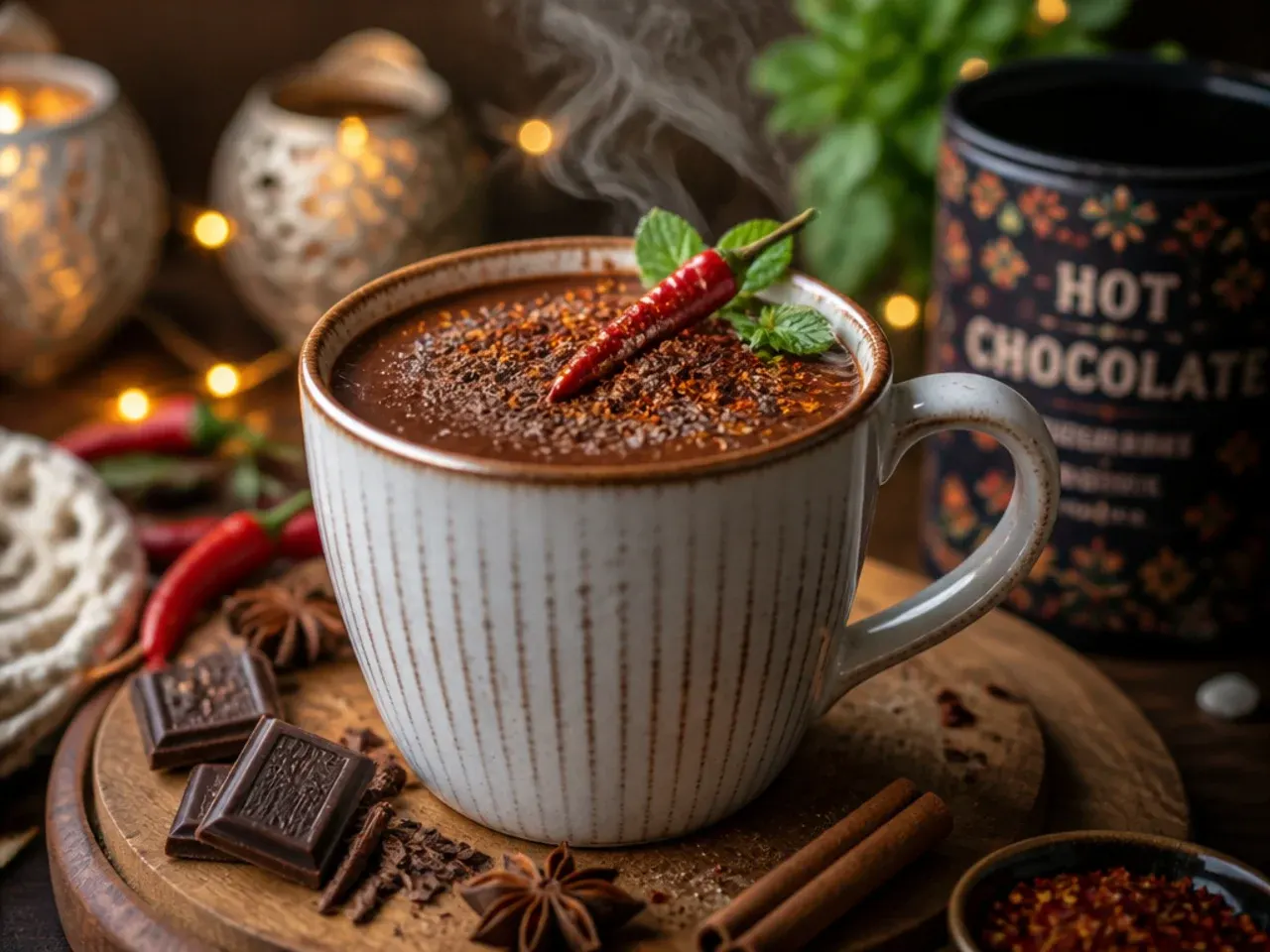 Spiced hot chocolate with a cinnamon stick garnish