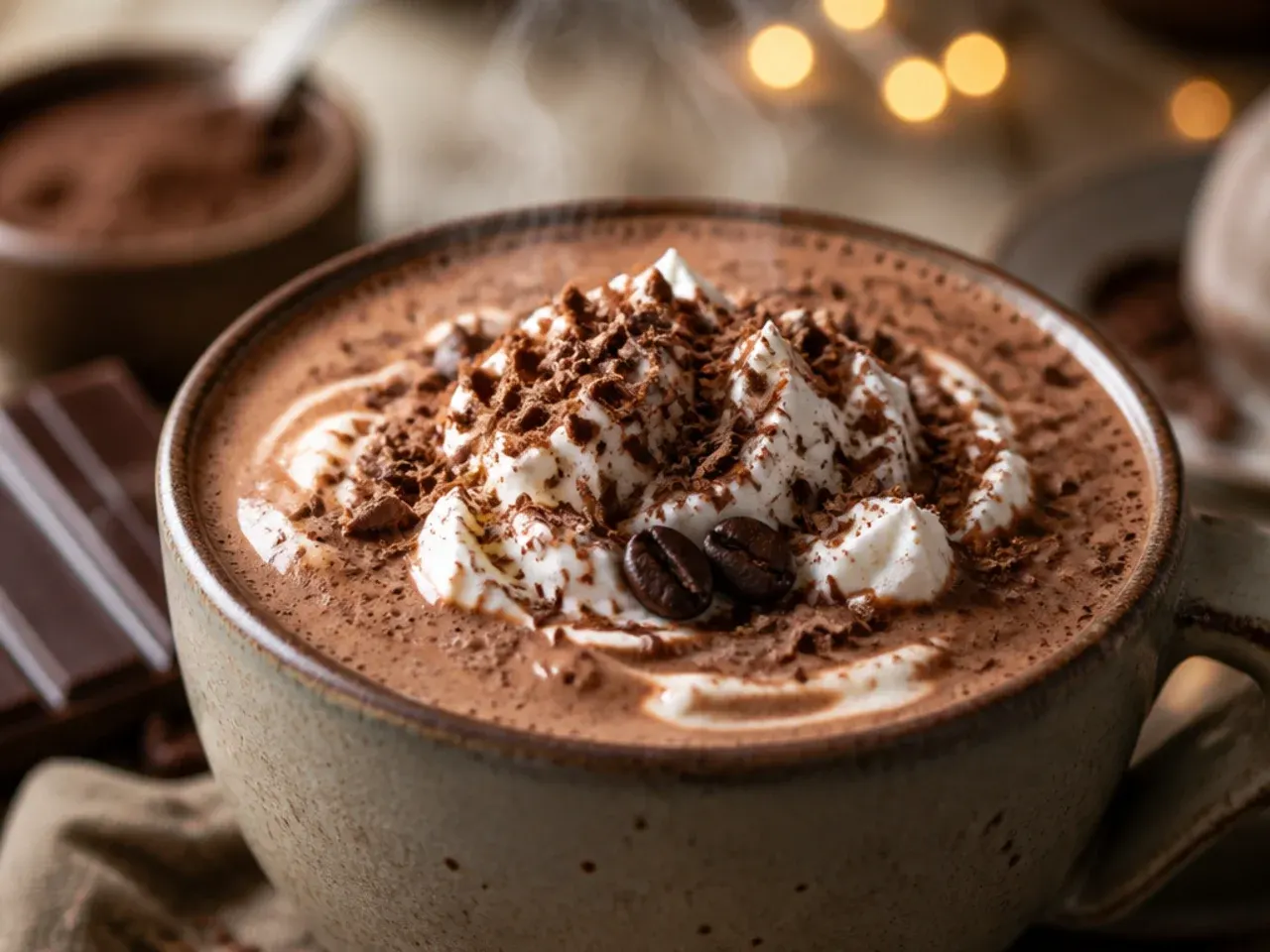 Mocha hot chocolate with a shot of espresso being poured in