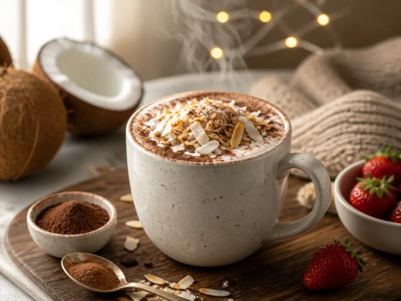 Coconut hot chocolate topped with toasted coconut flakes