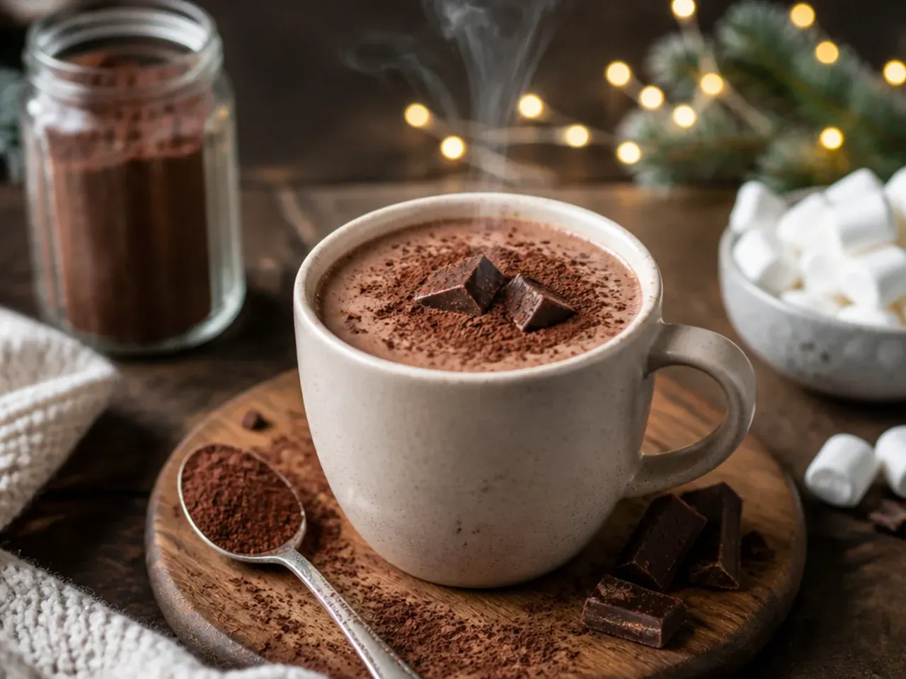 Row of hot chocolate mugs with different garnishes