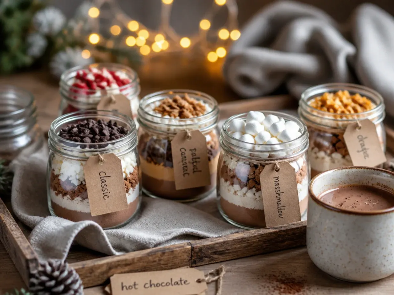 Airtight jars of hot chocolate mix ready for storage