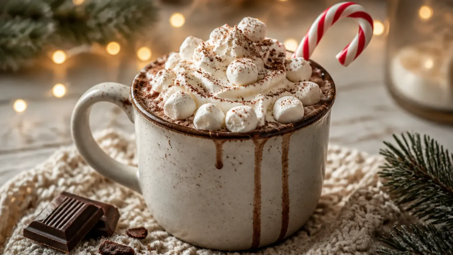 Two mugs of rich stovetop hot chocolate topped with marshmallows and a dusting of cocoa, steam rising, pan of hot chocolate in the background