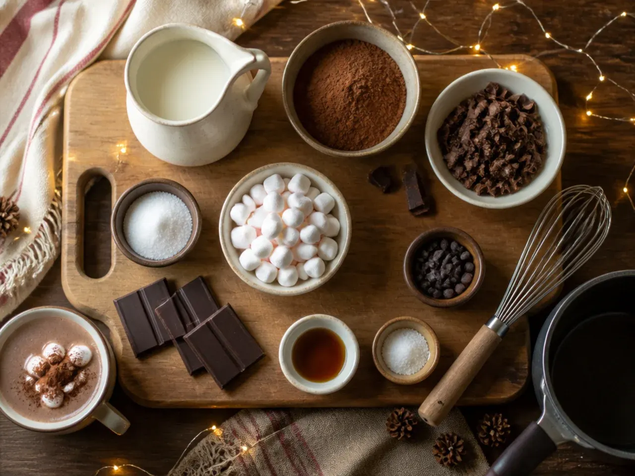 Close-up of a whisk lifting a ribbon of glossy melted chocolate through hot milk in a saucepan