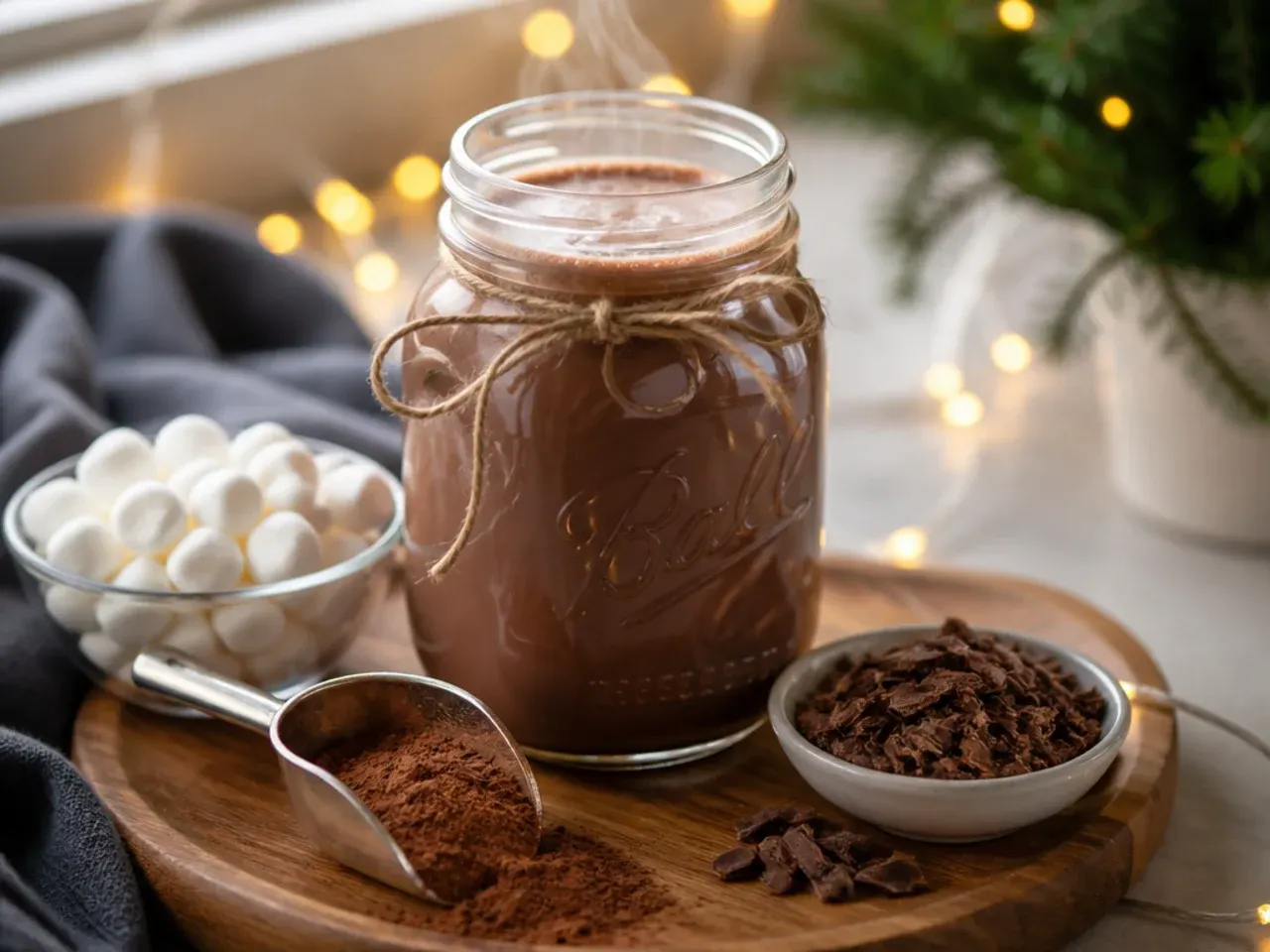 Mason jar of stovetop hot chocolate base being poured into a saucepan for reheating