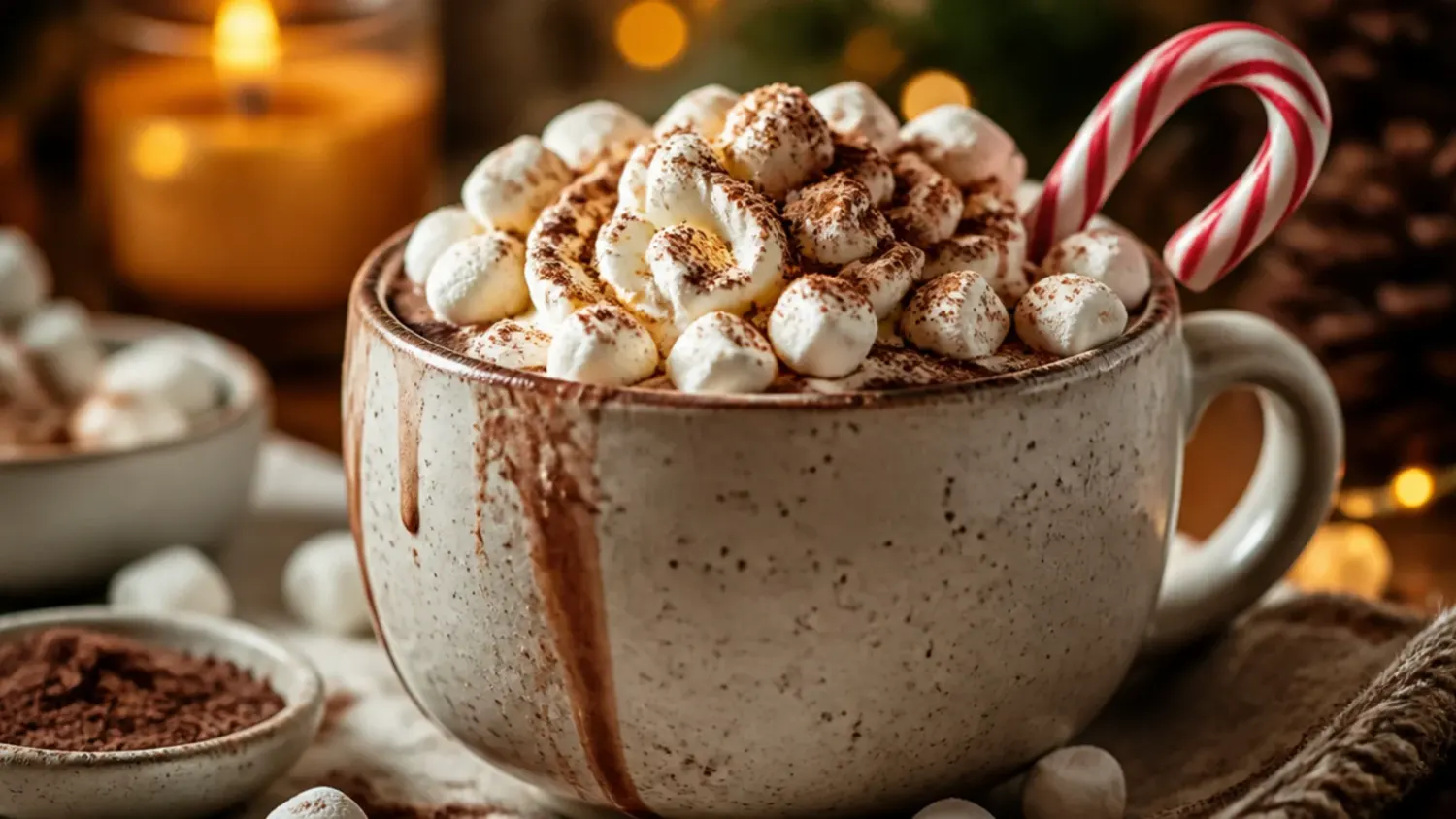 A mug of rich hot chocolate made with cocoa powder, topped with whipped cream and a dusting of cocoa, on a wooden table with cinnamon sticks nearby