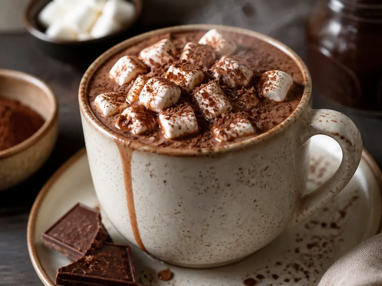 Overhead shot of ingredients for hot chocolate with cocoa powder laid out on a counter, including a tin of cocoa, milk, sugar and a whisk