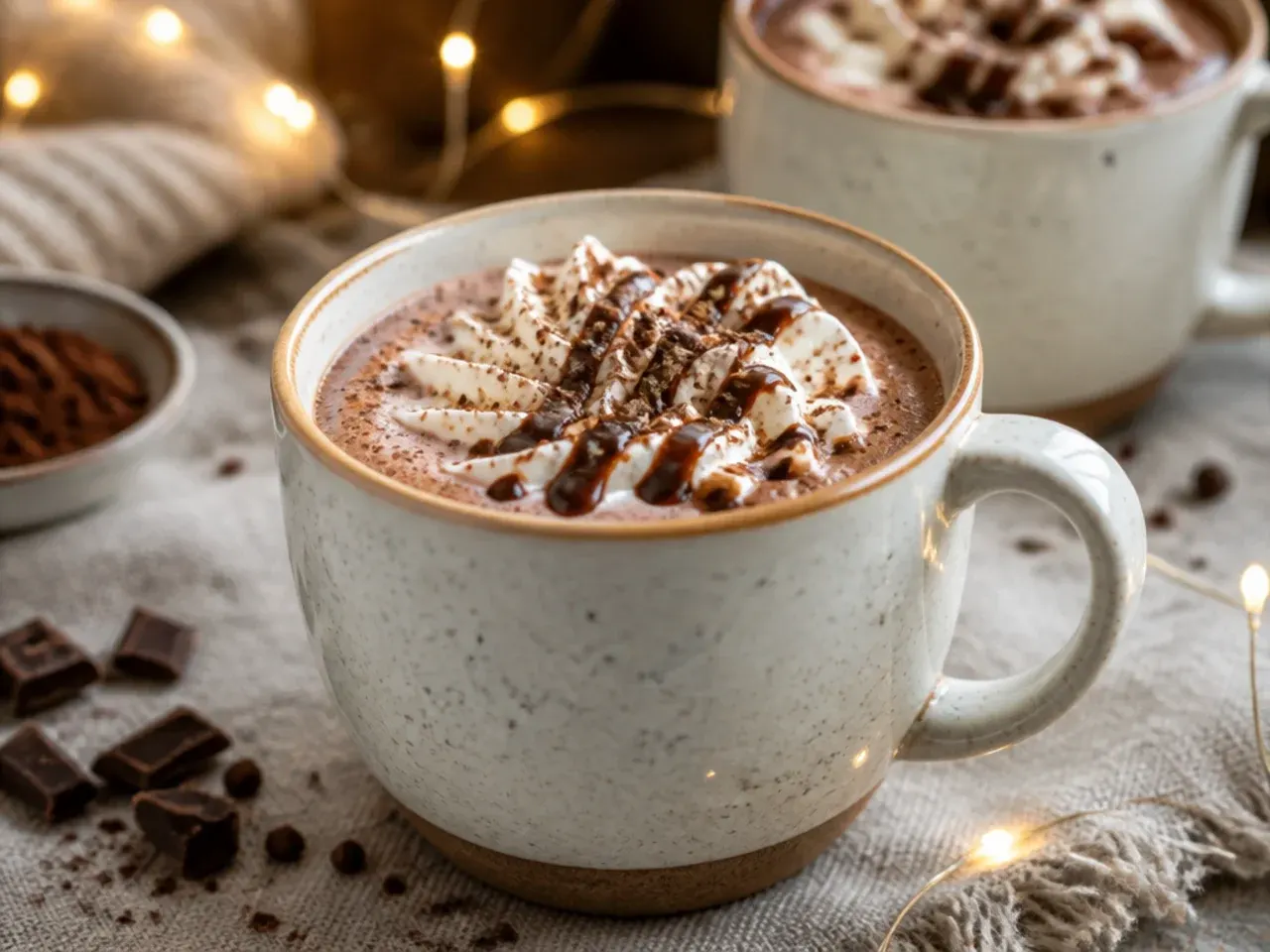 Mug of easy microwave hot chocolate with cocoa powder being stirred with a spoon