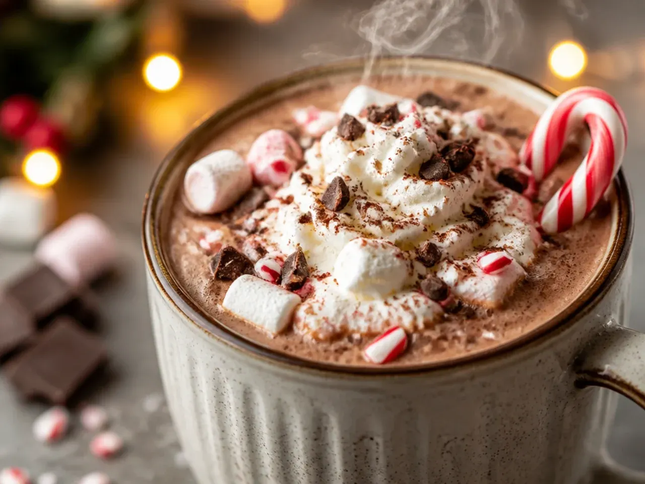 Spiced hot chocolate with cinnamon stick garnish in a rustic mug
