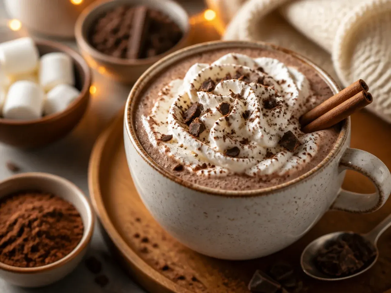 Loaded hot chocolate topped with whipped cream, marshmallows and chocolate drizzle in a glass mug