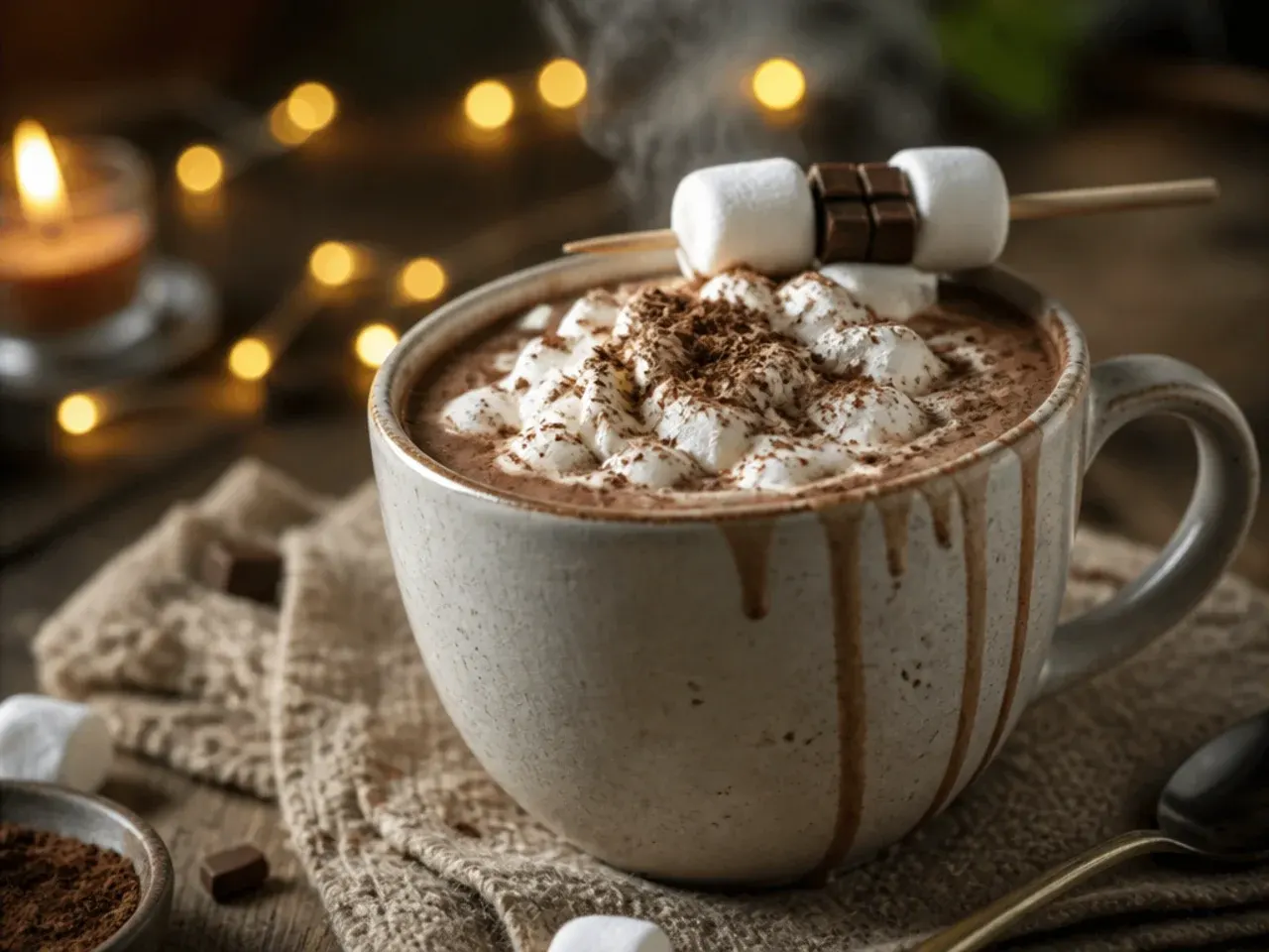 Rich best-ever hot chocolate with melted chocolate swirls in a white mug
