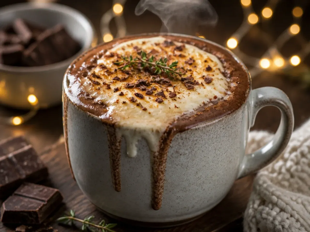 Hot chocolate topped with melted cheese strings, South American style, in a wide mug