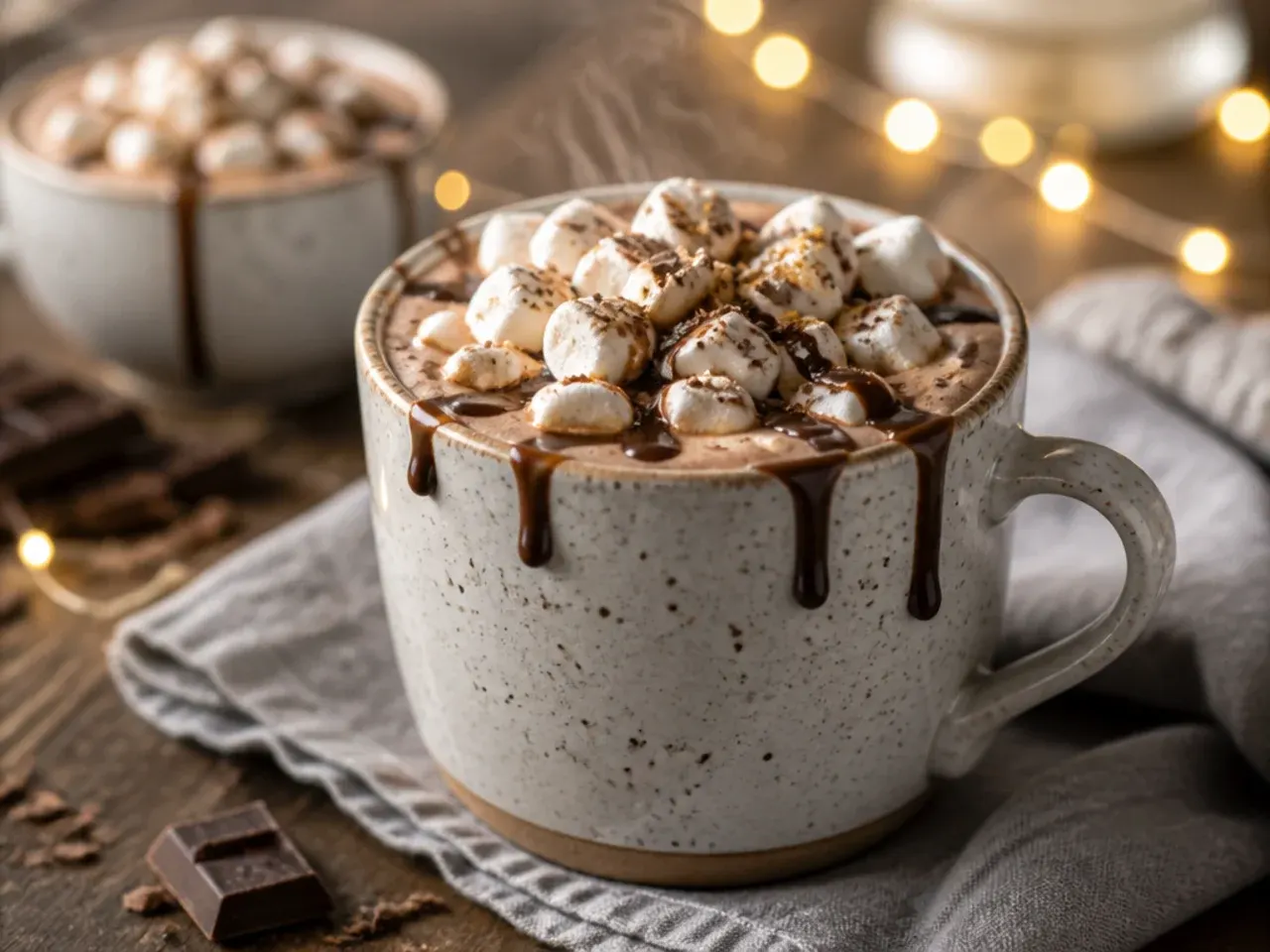 Large batch of hot chocolate in a pot with a ladle, surrounded by toppings for a crowd