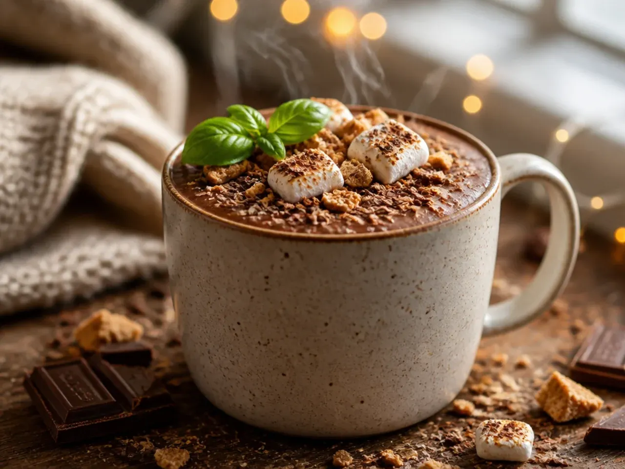 Festive Christmas hot chocolate with crushed candy cane and whipped cream in a mug