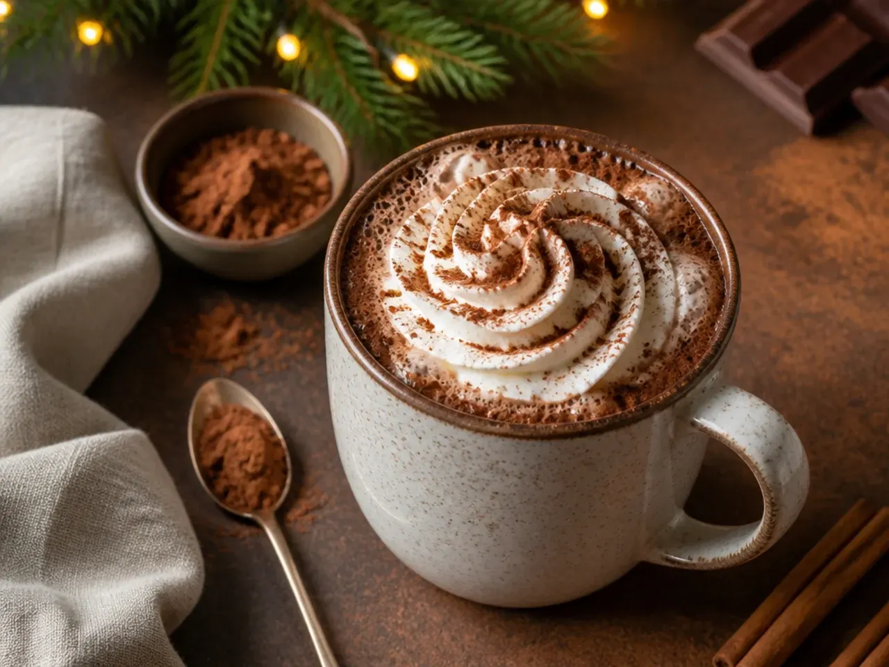 Frothy quick blended hot chocolate with cocoa powder in a tall glass
