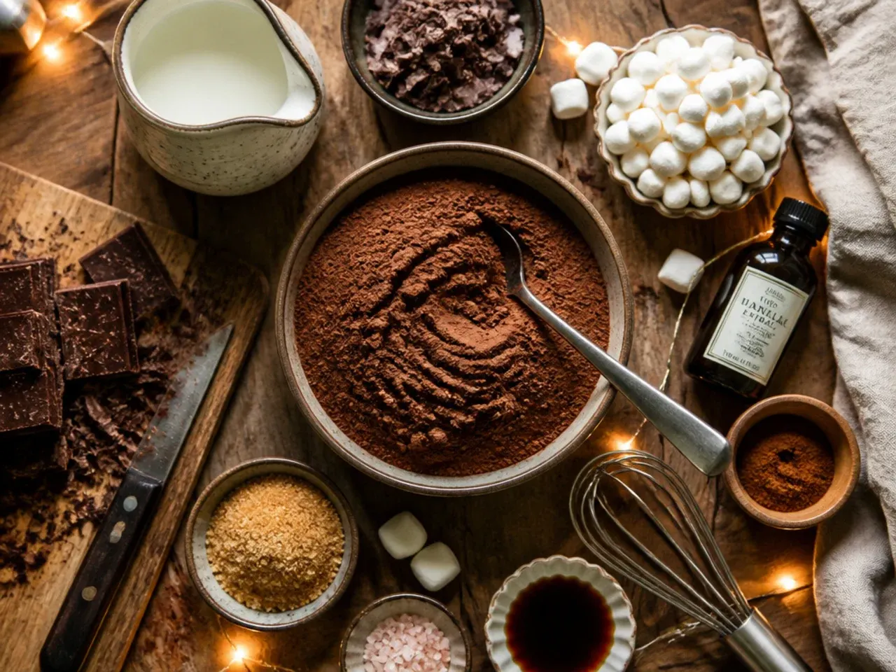 Close-up of a whisk making a smooth cocoa paste in a saucepan