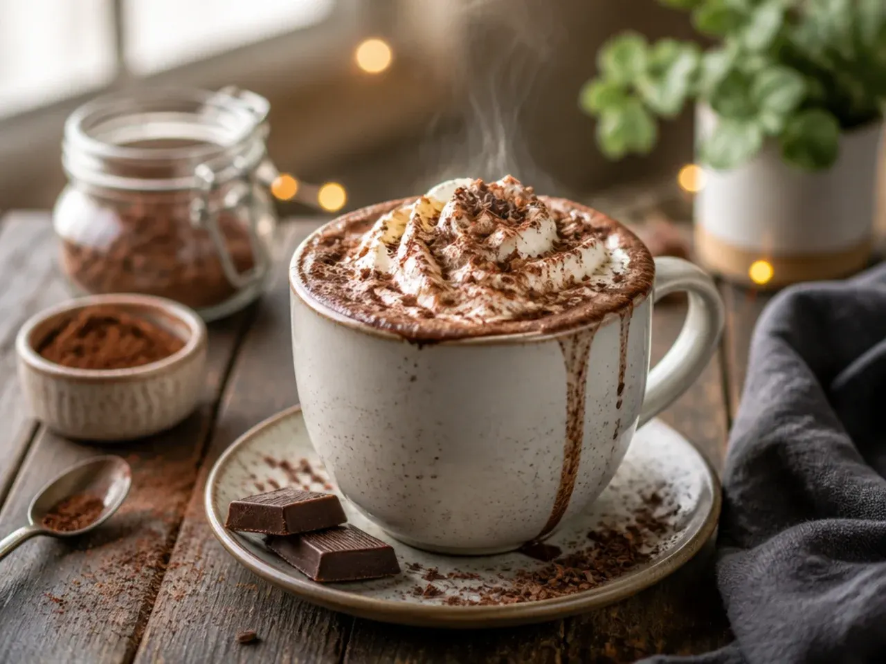 Hot chocolate toppings station with marshmallows, cream, sauces and cinnamon sticks