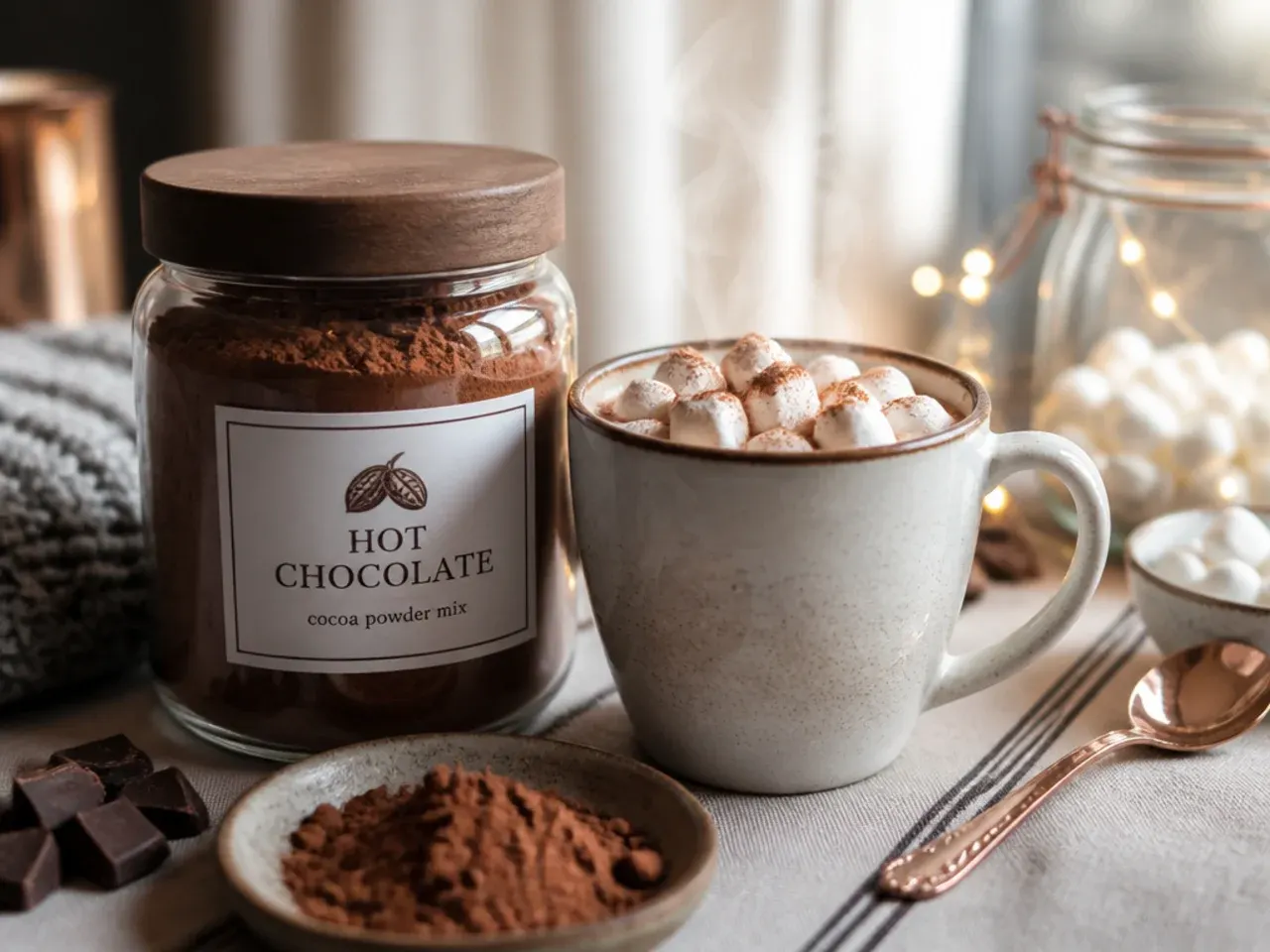 Airtight jar of hot chocolate mix and a small jug of concentrate stored side by side