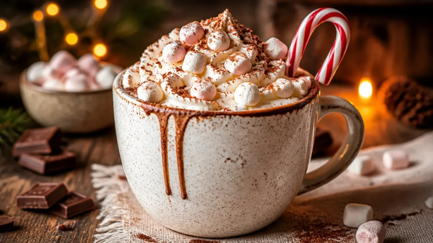 Mug of creamy hot chocolate topped with whipped cream and mini marshmallows on a wooden table