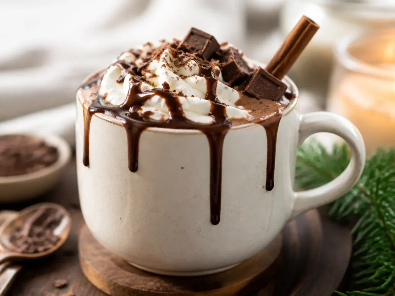 Two mugs of hot chocolate with whipped cream and cinnamon sticks on a cosy winter table