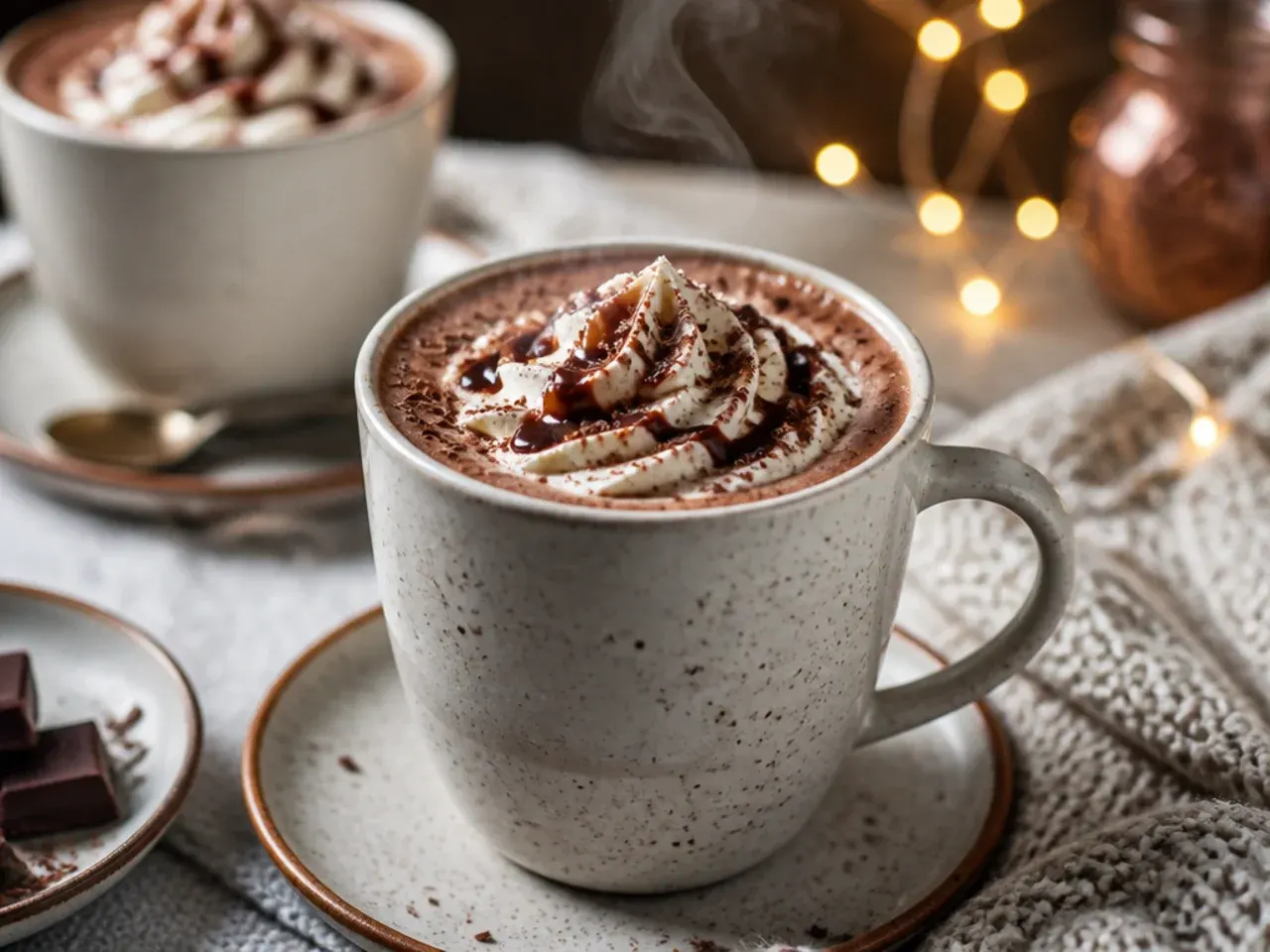 Mug of hot chocolate being stirred fresh from the microwave