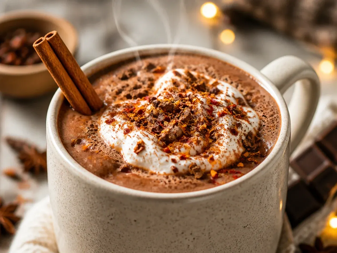Frothy Mexican hot chocolate with a cinnamon stick garnish