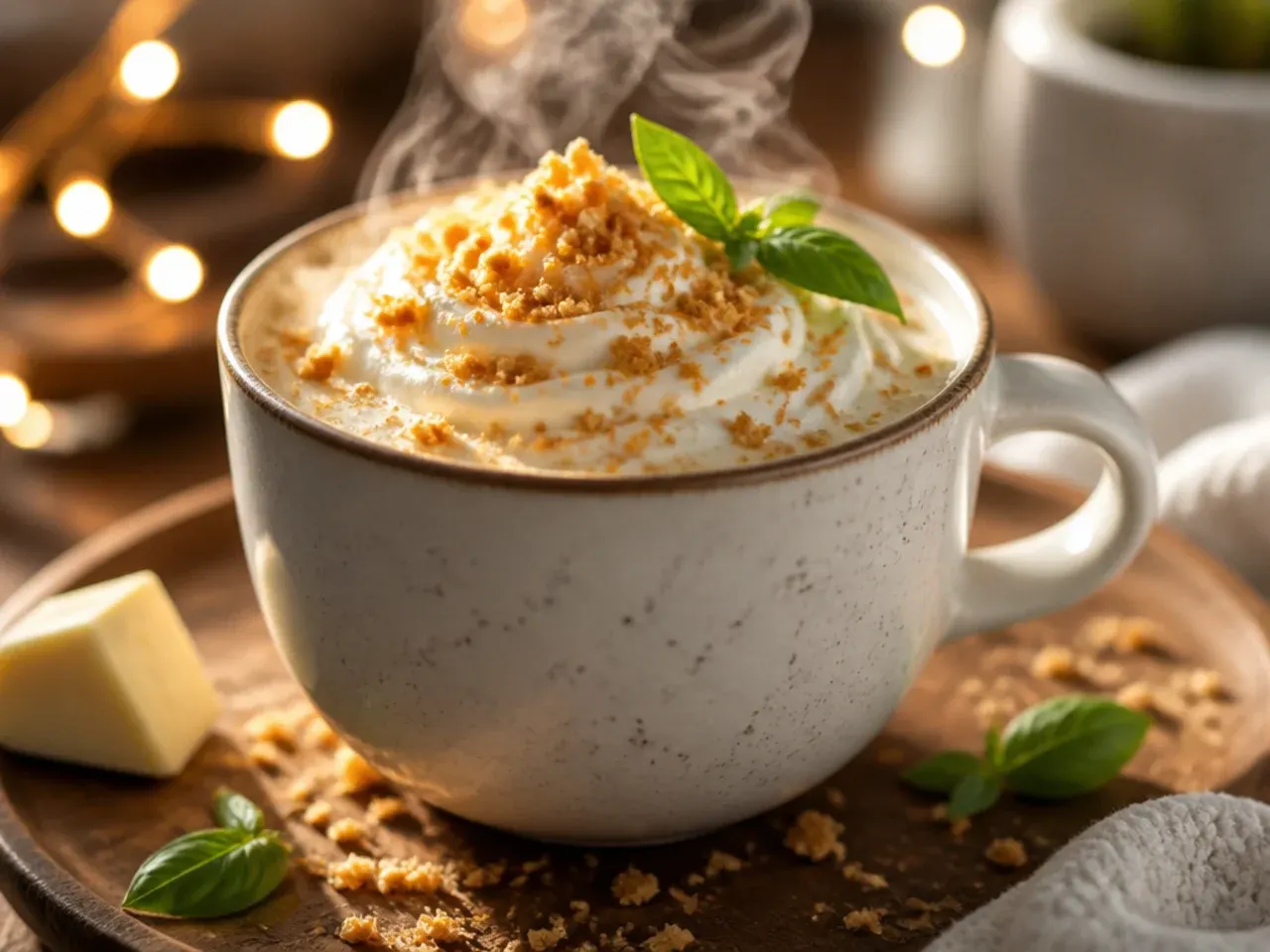 Pale creamy white chocolate hot drink topped with raspberry pieces